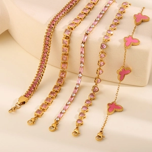 Five-piece gold stainless steel bracelet set with pink zircon hearts and butterflies