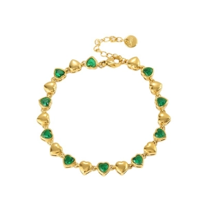 Gold stainless steel heart link bracelet with green stones and adjustable chain