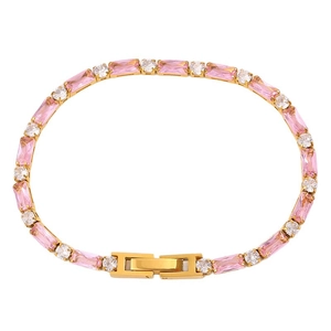 Bracciale tennis con cristalli rosa rettangolari e diamanti bianchi placcato oro