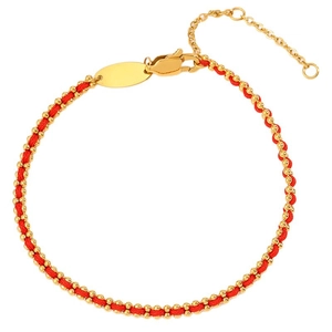 Handcrafted red woven rope bracelet with gold metal beads and adjustable lobster clasp