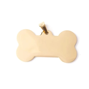 Golden bone-shaped stainless steel dog tag with a high-polished mirror finish and ring