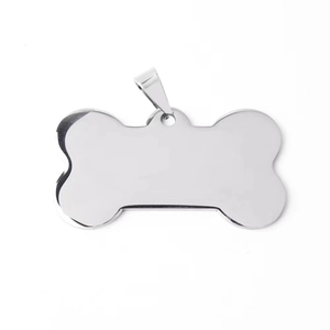 Bone-shaped stainless steel pet ID tag with mirror polished silver finish and metal clip