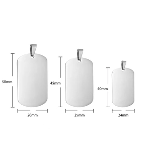 Three sizes of silver stainless steel pet dog tags with dimensions for custom engraving