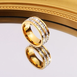 Golden stainless steel ring with double-row cubic zirconia stones and mirror finish