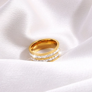 Elegant gold double-row cubic zirconia ring on white silk background for women