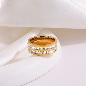Minimalist Stainless Steel Double Row Zircon Ring For Women Men Gold Plated Full Diamond Style Fashion Jewelry Finger Ring