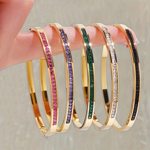 Elegante Brazalete de Acero Inoxidable con Una Sola Fila de Strass para Mujer Chapado en Oro Plata Pavé de Piedras Cuadradas Joyería