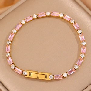 Bracelet tennis de luxe en acier inoxydable avec pierres zircons roses et boucle en H doré