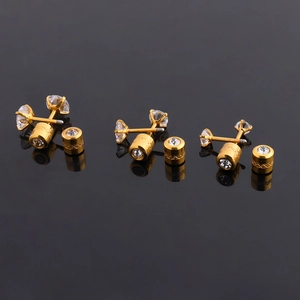 Detailansicht goldener Titan-Ohrringe mit vierzackigem Zirkonia und doppelseitigem Edelstein