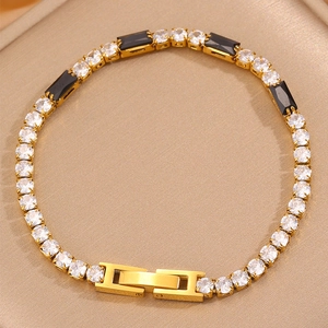 Bracelet tennis en acier inoxydable plaqué or 18 carats avec zircons noirs et blancs