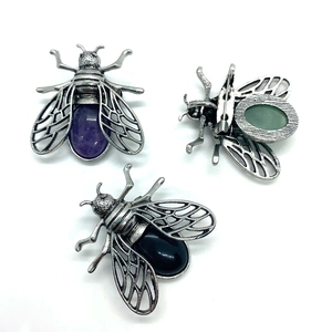Vintage insect brooch with natural agate stone and antique silver finish plating