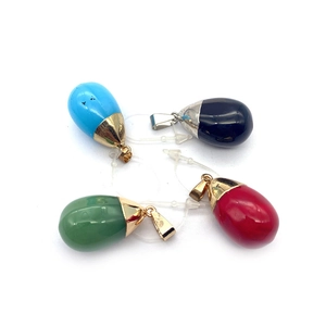 Waterdrop-shaped natural stone pendants in blue, green, red, and black with metal bails