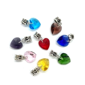 Set of 14x25mm faceted glass heart pendants in eight colors with vintage silver metal clasps