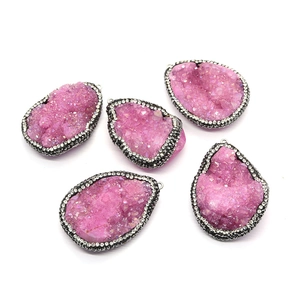 Set of five magenta druzy quartz teardrop pendants with sparkling rhinestone edging