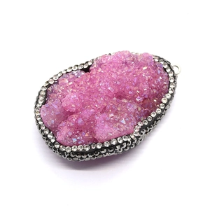 Pink natural druzy crystal teardrop pendant with rhinestone borders and metal frame