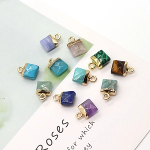 Set of 11 assorted 8x12mm square natural stone pendants with gold plated metal loops
