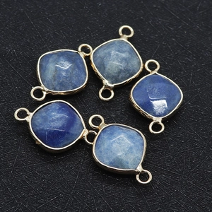 Blue natural stone faceted square pendants with gold plating and double loop connectors