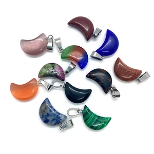 Natural tiger eye and malachite moon-shaped pendants with silver bail for DIY jewelry