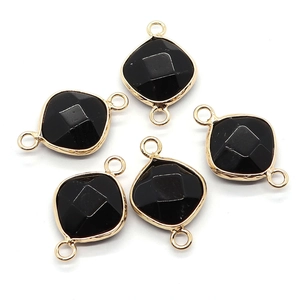 Faceted black natural stone rhombus pendants with gold metal frame for DIY jewelry
