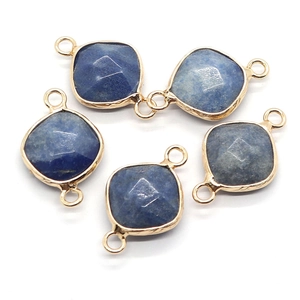 Faceted blue natural stone rhombus charms with gold plating and double loops for jewelry DIY