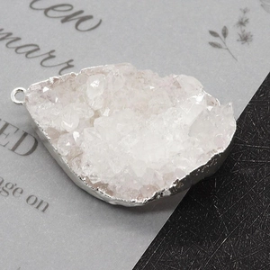 Natural white crystal druzy teardrop pendant with shiny silver plated metal edge