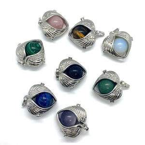 Angel Wing Heart Locket Pendant With Round Natural Stone Bead Alloy Cage Hollow Carved Jewelry Making Accessory DIY Pendant