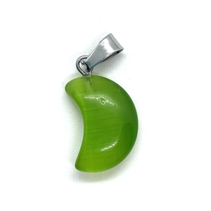 Green cat eye stone crescent moon pendant with silver bail for DIY jewelry necklace