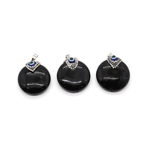 Natural Black Agate Evil Eye Pendant Inlaid Rhinestone Round Flat Stone For DIY Jewelry Making Accessory Ethnic Style