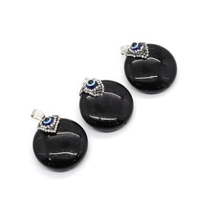 Natural black agate round evil eye pendant with sparkling crystals and silver bail