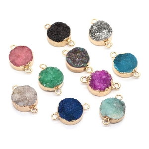 Natural crystal stone round double hole connectors with colorful metal edges for DIY jewelry