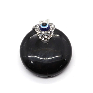 Polished black onyx evil eye pendant with crystal-encrusted bail for jewelry making