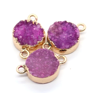 Three round purple druzy crystal connectors with gold plated edges for DIY jewelry making
