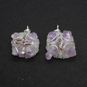 Macro detail of natural amethyst square pendant with wire-wrapped silver finish and shell inlay