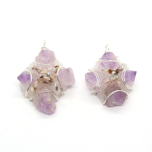 Natural purple amethyst raw stone pendants with cross wire wrap and silver hook