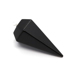 Polished black obsidian hexagonal cone pendant with silver metal ring for DIY necklace