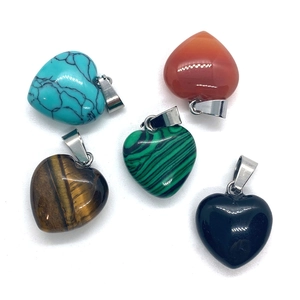Set of 5 heart-shaped natural stone pendants including tiger eye and malachite for DIY jewelry