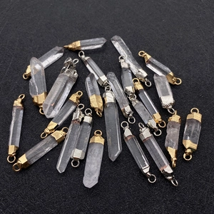 Natural clear quartz crystal point connectors with gold and silver metal caps for DIY jewelry