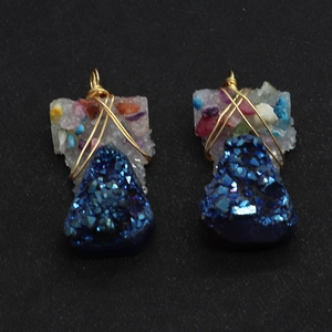 Natural blue crystal stone wire wrapped pendant with multi-color crushed stones