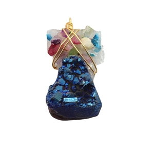 Handmade wire wrapped pendant with blue crystal cluster and colorful irregular stones