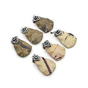 Natural stone evil eye pendants with sparkling rhinestone inlay and silver bails