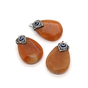 Waterdrop orange natural stone pendants with rhinestone evil eye heart charm caps