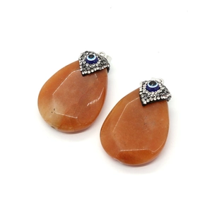 Orange drop-shaped natural stone pendants with evil eye zircon inlay and silver metal loop