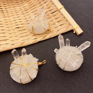 Natural white crystal cluster pendant with silver wire wrap and round stone base
