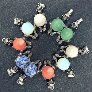 Gothic Skull Pendant Natural Stone Round Bead Copper Plated Skeleton Charm For Jewelry Making DIY Craft Polished Vintage Punk Halloween Pendant