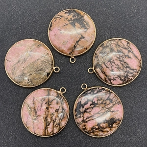 Pendentif Plat Rond en Pierre Naturelle Texture Rose Noir Connecteur Bordure Plaqué Or Pour Fabrication de Bijoux DIY Collier