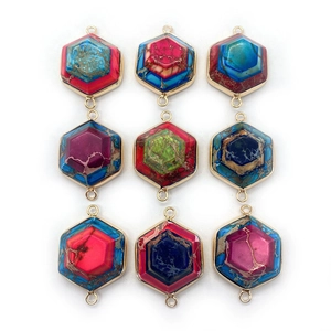 Lot de 9 connecteurs hexagonaux en jaspe impérial avec doubles boucles dorées pour bijoux DIY