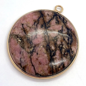 Natural rhodonite stone pendant with gold bezel and pink black marbled pattern