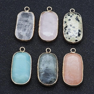Assorted 15x30mm faceted natural stone oval pendants with gold plated edges for DIY jewelry