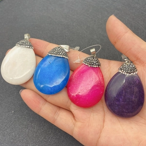 Water-drop natural stone pendants in four colors with rhinestone inlaid clasp