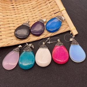 Water-drop natural stone pendants with rhinestone-encrusted silver clasps in diverse colors